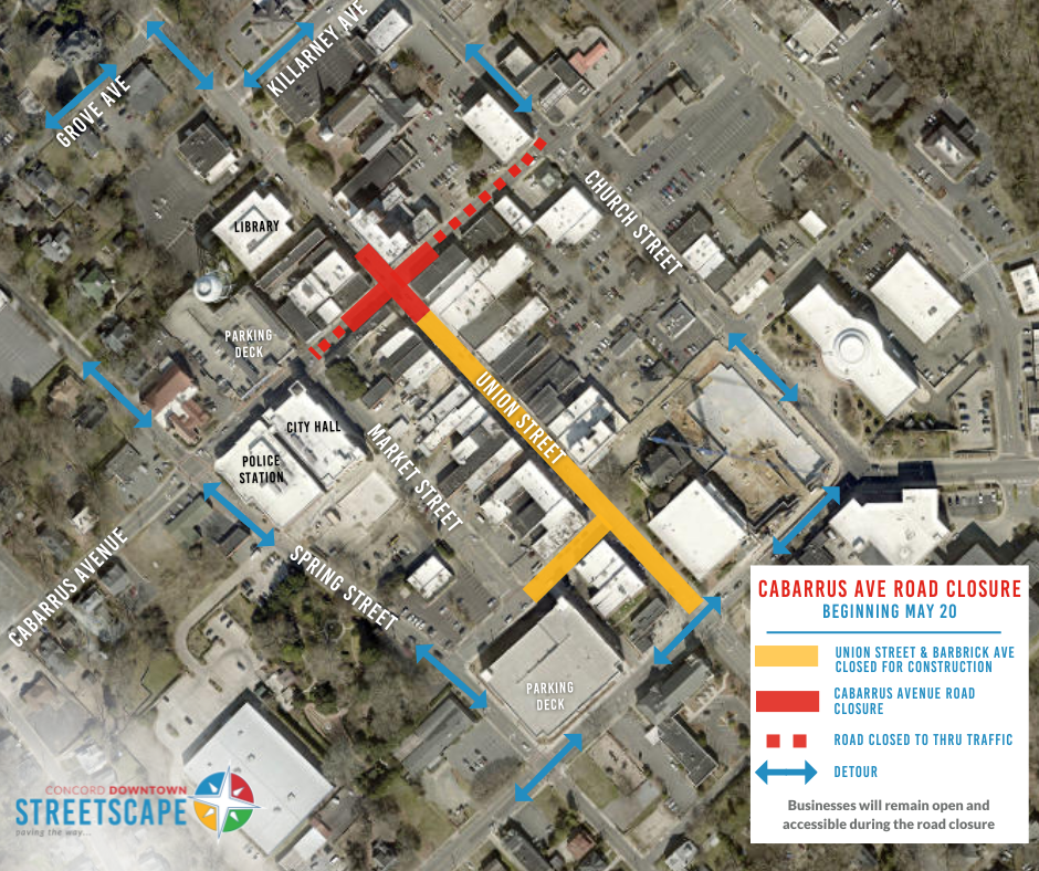 Map showing the Cabarrus Ave Intersection closures and detour, and the Streetscape project construction closures Map showing the Cabarrus Ave Intersection closures and detour, and the Streetscape project construction closures